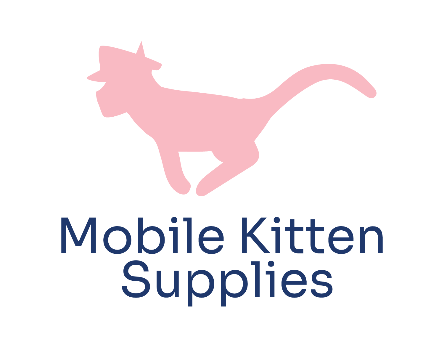  This image shows the sillouette of a pink cat running
				to the left with a mailman's hat. Below the pink cat is navy, sans
				serif text which says Mobile Kitten Supplies